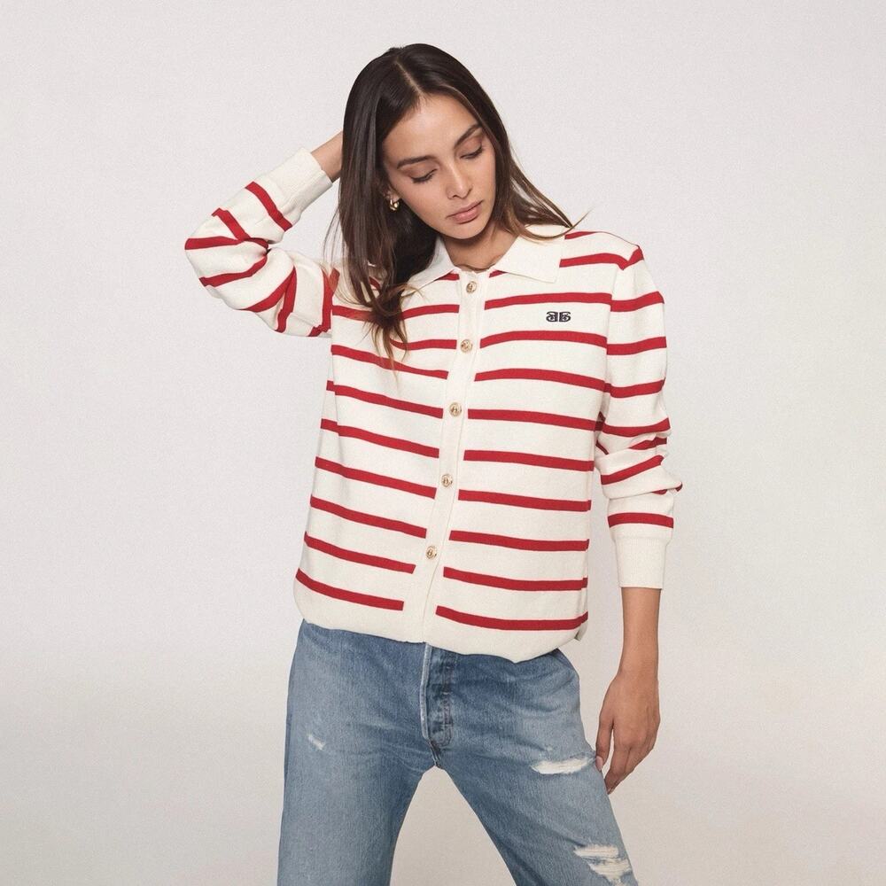 ELL Emm Red White Striped Cardigan Gold Buttons s/m